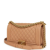 Preowned Chanel Medium Boy Bag Dark Beige Lambskin Antique Gold Hardware