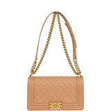Preowned Chanel Medium Boy Bag Dark Beige Lambskin Antique Gold Hardware