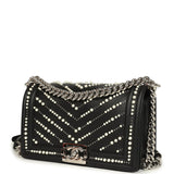 Chanel Medium Boy Bag Black Pearl Chevron Calfskin Silver Hardware