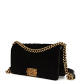 Pre-owned Chanel Medium Boy Bag Black Chevron Velvet Antique Gold Hardware