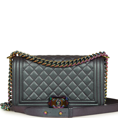 Pre-owned Chanel Old Medium Boy Bag Iridescent Purple Goatskin Rainbow Hardware
