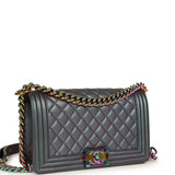 Pre-owned Chanel Old Medium Boy Bag Iridescent Purple Goatskin Rainbow Hardware
