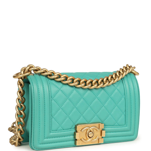 Pre-owned Chanel Small Boy Bag Turquoise Lambskin Antique Gold Hardware