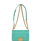 Pre-owned Chanel Small Boy Bag Turquoise Lambskin Antique Gold Hardware