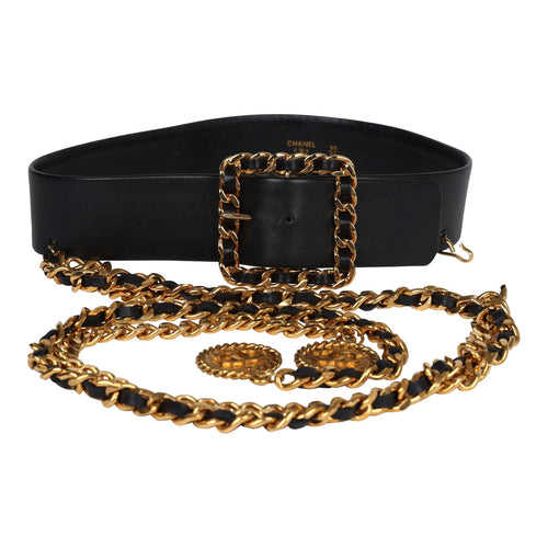 Vintage Chanel 24K Gold Plated CC Medallion Chainlink Leather Belt Black Leather