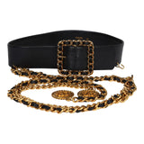 Vintage Chanel 24K Gold Plated CC Medallion Chainlink Leather Belt Black Leather