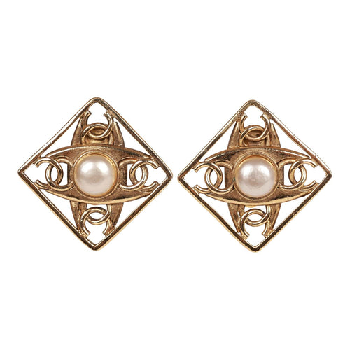 Vintage Chanel 24K Gold Plated CC Square Pearl Earrings