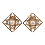 Vintage Chanel 24K Gold Plated CC Square Pearl Earrings