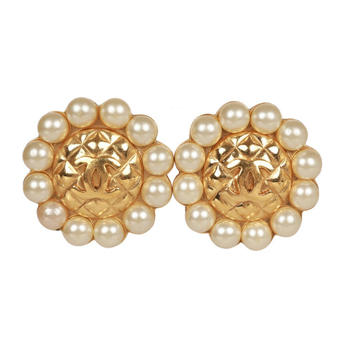 Vintage Chanel 24K Gold Plated CC Logo Pearl Circle Earrings