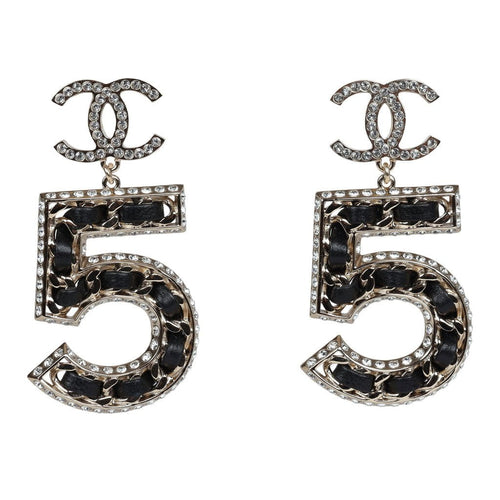 Chanel Crystal CC No. 5 Chain Drop Dangle Earrings Black Leather Light Gold Metal