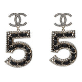 Chanel Crystal CC No. 5 Chain Drop Dangle Earrings Black Leather Light Gold Metal