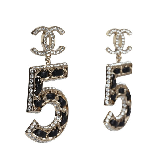 Chanel Crystal CC No. 5 Chain Drop Dangle Earrings Black Leather Light Gold Metal
