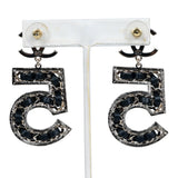 Chanel Crystal CC No. 5 Chain Drop Dangle Earrings Black Leather Light Gold Metal