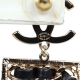 Chanel Crystal CC No. 5 Chain Drop Dangle Earrings Black Leather Light Gold Metal
