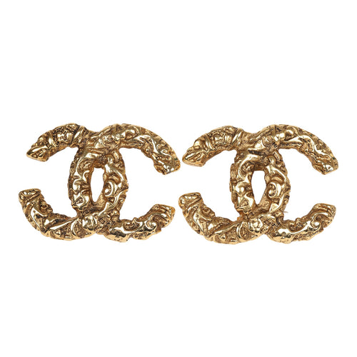 Vintage Chanel 24K Gold Plated Florentine CC Earrings
