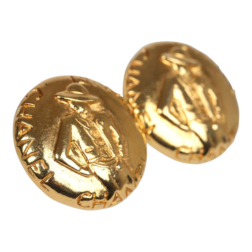 Vintage Chanel 24K Gold Plated Round Coco Mademoiselle Earrings