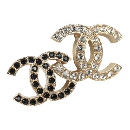 Chanel Double CC Crystal Stud Earrings Black Gold Tone Hardware