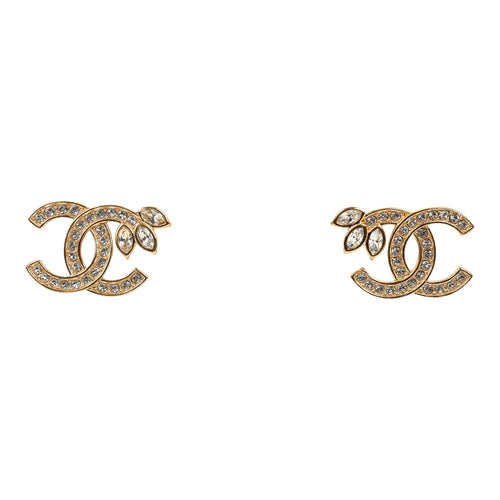 Chanel Crystal Floral CC Stud Earrings Gold Tone Hardware