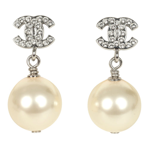 Chanel Small Crystal CC Pearl Drop Earrings Silver Tone Metal