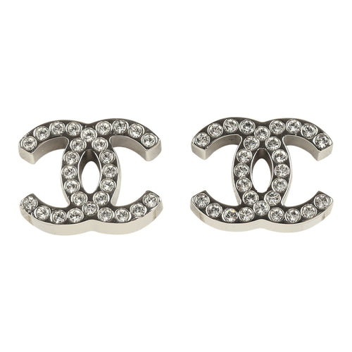 Chanel Small CC Crystal Stud Earrings Silver Tone Hardware