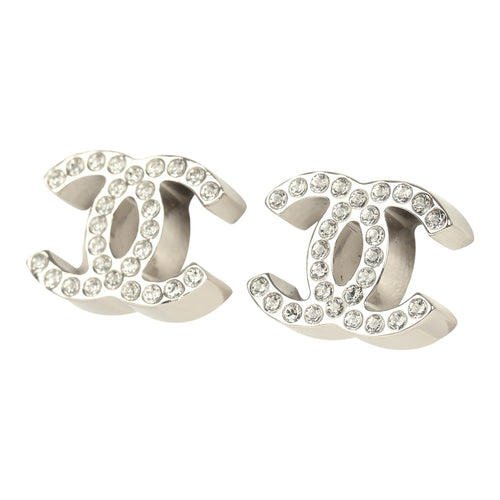 Chanel Small CC Crystal Stud Earrings Silver Tone Hardware