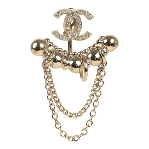 Chanel Crystal CC Dangle & Chain Link Ear Cuff Earrings Light Gold Tone Hardware