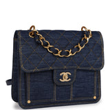 Chanel Square Flap Backpack Blue Denim Antique Gold Hardware