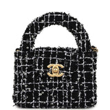 Chanel Nano Kelly Shopper Black, White & Silver Sequin Tweed Brushed Gold Hardware