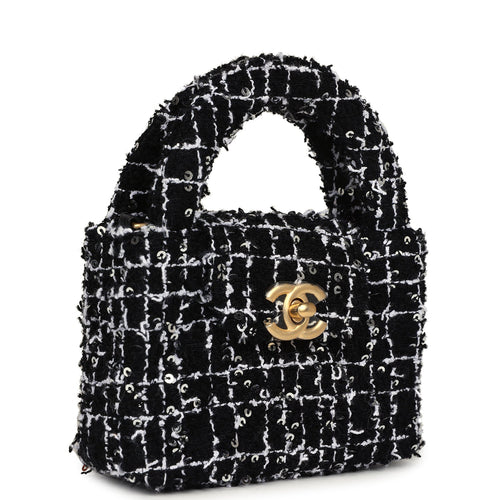 Chanel Nano Kelly Shopper Black, White & Silver Sequin Tweed Brushed Gold Hardware