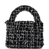 Chanel Nano Kelly Shopper Black, White & Silver Sequin Tweed Brushed Gold Hardware