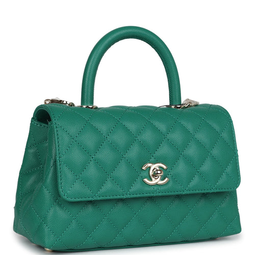 Chanel Mini Coco Top Handle Flap Bag Dark Green Caviar Light Gold Hardware