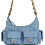 Chanel Large Cargo Hobo Bag Light Blue Washed Denim Brushed Gold Hardware