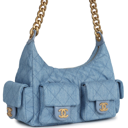 Chanel Large Cargo Hobo Bag Light Blue Washed Denim Brushed Gold Hardware
