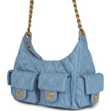 Chanel Large Cargo Hobo Bag Light Blue Washed Denim Brushed Gold Hardware