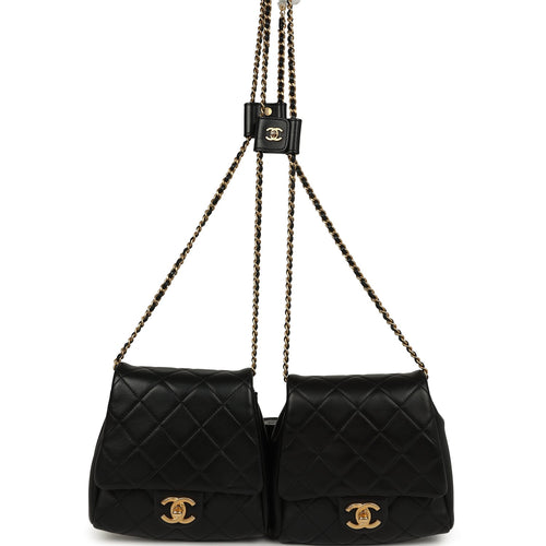 Pre-owned Chanel Twins Side Pack Black Lambskin Faux Pearls & Brushed Gold Hardware