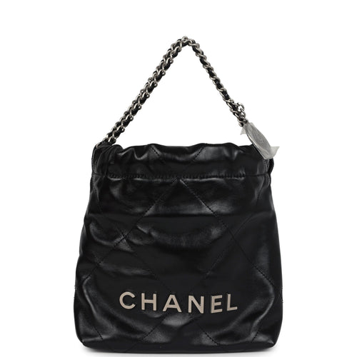 Chanel Mini 22 Bag Black Shiny Calfskin Brushed Silver Hardware