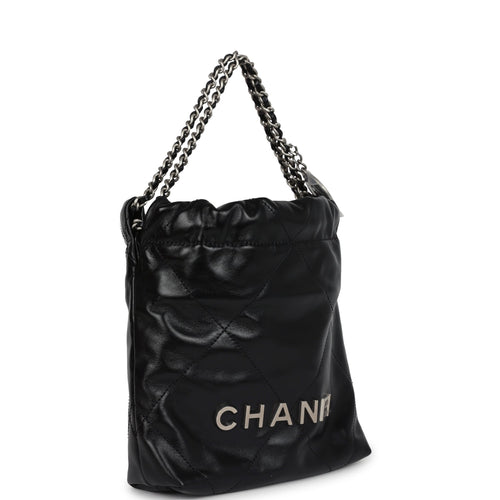 Chanel Mini 22 Bag Black Shiny Calfskin Brushed Silver Hardware