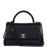 Pre-owned Chanel Small Coco Top Handle Navy Blue Chevron Caviar Antique Gold Hardware