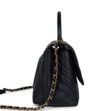 Pre-owned Chanel Small Coco Top Handle Navy Blue Chevron Caviar Antique Gold Hardware