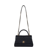 Pre-owned Chanel Small Coco Top Handle Navy Blue Chevron Caviar Antique Gold Hardware