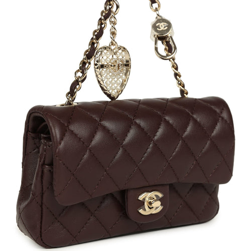 Chanel Nano Classic Double Flap Bag Charm Dark Brown Lambskin Light Gold Hardware