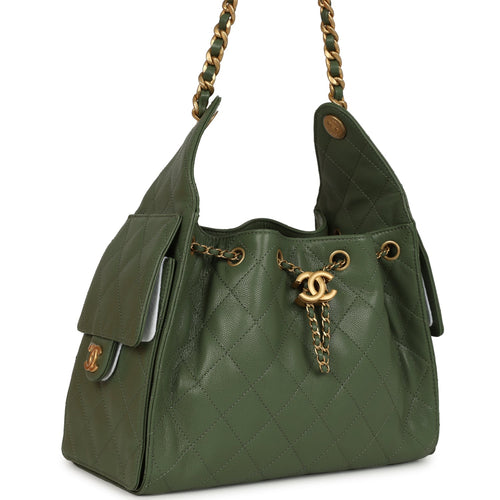 Chanel Small 25 Hobo Bag Khaki Caviar Antique Gold Hardware