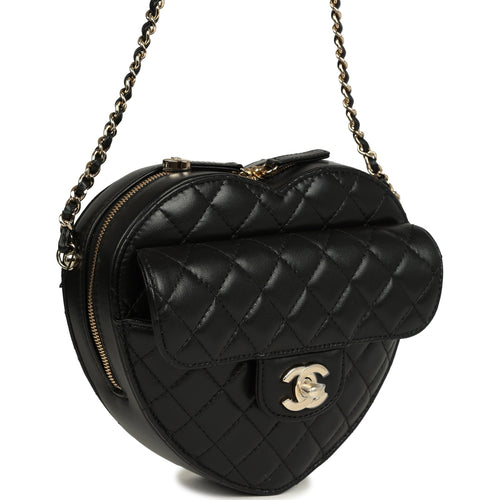 Chanel CC In Love Large Heart Bag with Chain Black Lambskin Light Gold Hardware