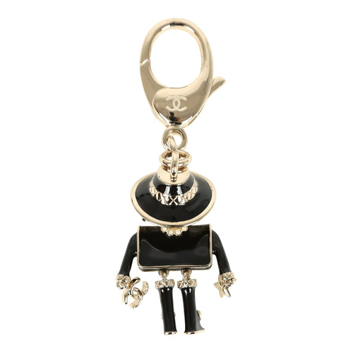 Chanel Gabrielle Doll Key Ring Black Resin & Faux Pearls Light Gold Tone Hardware