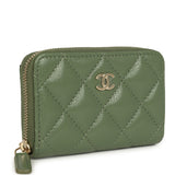 Chanel Classic Zipped Coin Purse Wallet Khaki Shiny Caviar Light Gold Hardware