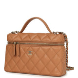 Chanel Top Handle Long Vanity Case with Chain Dark Beige Shiny Caviar Light Gold Hardware