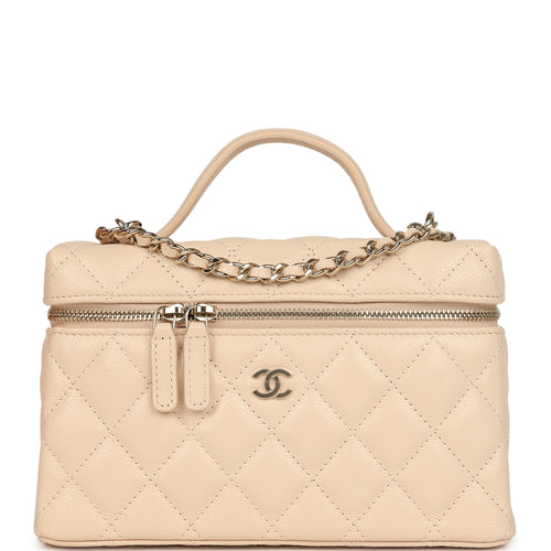 Chanel Top Handle Long Vanity Case with Chain Light Beige Shiny Caviar Light Gold Hardware