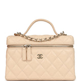 Chanel Top Handle Long Vanity Case with Chain Light Beige Shiny Caviar Light Gold Hardware