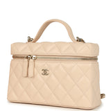 Chanel Top Handle Long Vanity Case with Chain Light Beige Shiny Caviar Light Gold Hardware