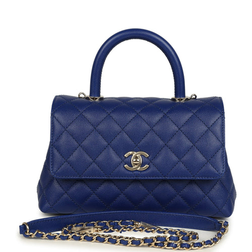 Chanel Mini Coco Top Handle Flap Bag Dark Blue Shiny Caviar Light Gold Hardware